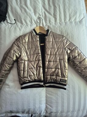 BOSS Metallic Puffer Reversible Bomber Jacket in Gold